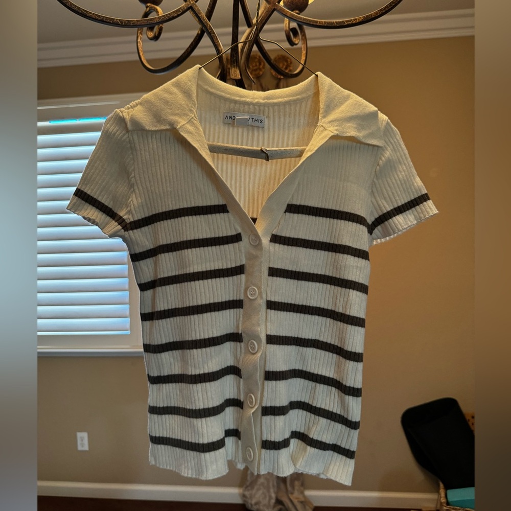 And Now This Striped Ribbed Polo Short-Sleeve Sweater Medium